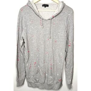 POL Clothing Distressed Paint Splatter Front Pocket Hoodie Gray Women's Small‎
